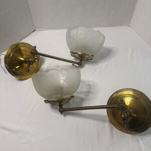 Vintage Twisted Barley Brass Sconce Lamp Pair Etched Glass Floral Shade Regency